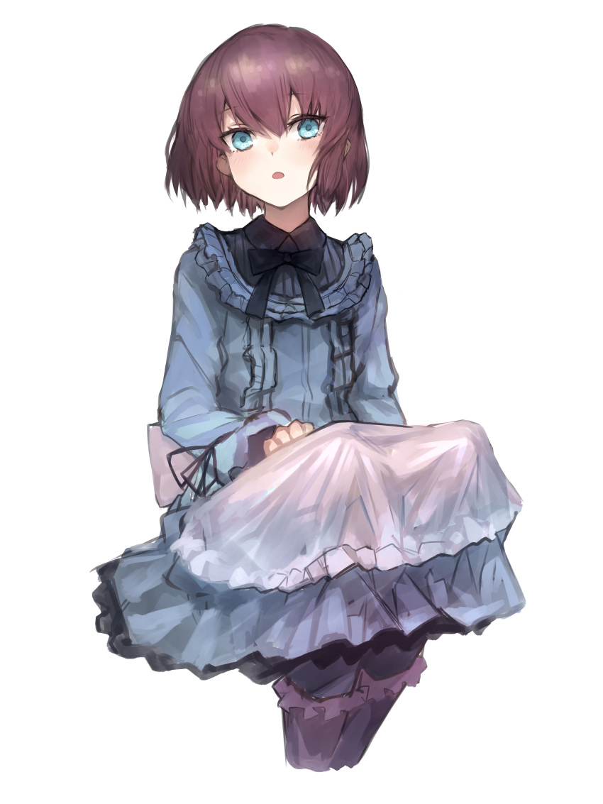 absurdres bad_id bad_pixiv_id black_ribbon blue_eyes blush brown_hair catumi_(ta938_ka23) cropped_legs dress female frilled_dress frills highres lily_(shiei_no_sona-nyl) long_sleeves looking_at_viewer neck_ribbon open_mouth ribbon shiei_no_sona-nyl short_hair sitting solo steampunk_(liarsoft) white_background