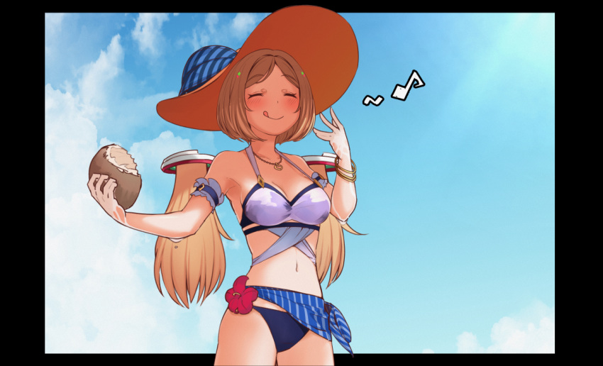 aki_rosenthal aki_rosenthal_(hololive_summer_2019) bikini blonde_hair blush bob_cut bracelet breasts closed_eyes detached_hair female hat hololive jewelry low_twintails medium_breasts necklace parted_bangs short_hair smile solo swimsuit tenbin_gashira twintails virtual_youtuber