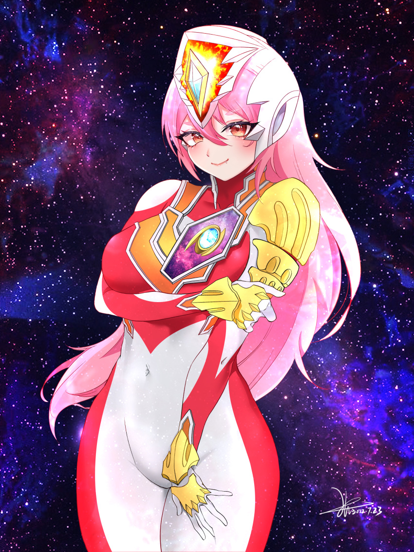 absurdres arm_under_breasts bodysuit chinese_commentary covered_navel fang_out female floating_hair genderswap_(mtf) hand_on_own_thigh helmet highres holding_own_arm humanization long_hair looking_at_viewer oerba_yun_fang pink_hair rule_63 smile solo space strong_type_(ultraman) tokusatsu ultra_series ultraman_decker ultraman_decker_(series) yi_(user_jwth4284)