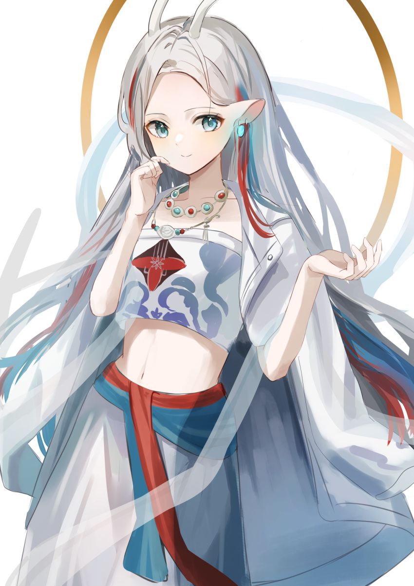 a_deer_of_nine_colors antlers arknights azuazu_0405 blue_eyes blue_hair bra closed_mouth collarbone commentary_request crop_top earrings female forehead glowing grey_hair hagoromo hands_up highres horns jacket jacket_on_shoulders jewelry long_hair midriff multicolored_hair navel nine-colored_deer parted_bangs red_hair shawl shirt simple_background skirt smile solo streaked_hair underwear very_long_hair white_background white_bra white_shirt white_skirt