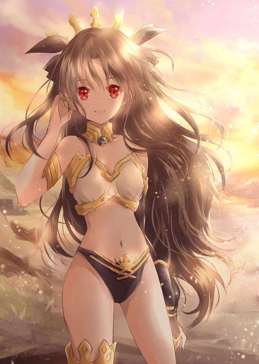 absurdres arm_at_side arm_up armlet asymmetrical_legwear asymmetrical_sleeves backlighting bad_id bad_pixiv_id bikini black_bikini breasts bridal_gauntlets brown_hair commentary contrapposto cowboy_shot elbow_gloves fate/grand_order fate_(series) female gloves hand_in_own_hair highres hoshiibara_mato ishtar_(fate) jewelry light_particles long_hair looking_at_viewer neck_ring open_mouth outdoors red_eyes single_elbow_glove small_breasts solo standing swimsuit thighhighs tiara twilight uneven_legwear uneven_sleeves very_long_hair white_bikini