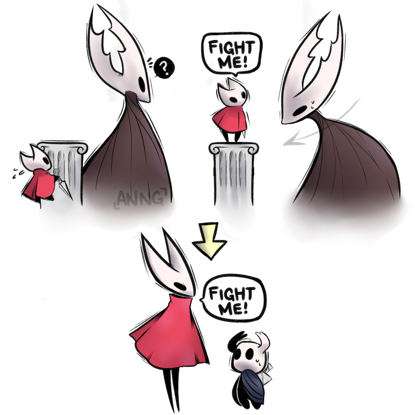 2019 2_horns absurd_res ambiguous_gender anthro artist_name black_eyes black_legs black_text bodily_fluids climbing cloak clothing dialogue digital_media_(artwork) directional_arrow english_text exclamation_point featureless_feet feet female group hi_res holding_melee_weapon holding_object holding_weapon hollow_knight hollow_knight_(character) horn hornet_(hollow_knight) larger_female looking_at_another melee_weapon nail_(weapon) nonbinary_(lore) question_mark red_cloak red_clothing sibling_(lore) simple_background sister_(lore) size_difference smaller_female speech_bubble standing sweat sweatdrop talking_to_another team_cherry text the_knight_(hollow_knight) trio upe-ann vessel_(species) weapon weapon_on_back white_background white_head