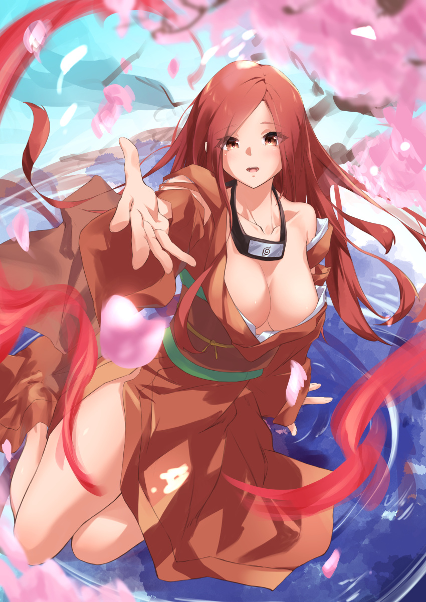 absurdres breasts brown_eyes cherry_blossoms cleavage commission commissioner_upload dress female forehead_protector goketsu_mari highres konohagakure_symbol large_breasts long_hair looking_at_viewer marked_for_death_(naruto) naruto_(series) ninja non-web_source open_mouth outstretched_hand reaching reaching_towards_viewer red_dress red_hair relaxing sash single_bare_shoulder sitting tamazon thighs water wind