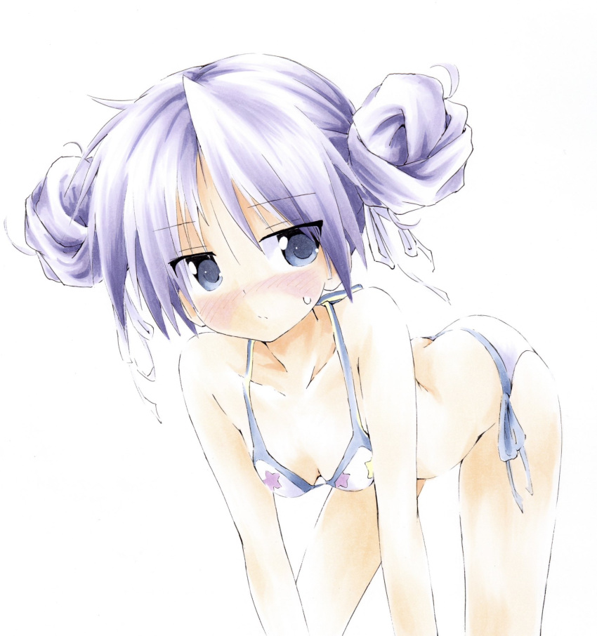 bent_over bikini blue_eyes blush breasts double_bun female hair_bun hair_ribbon highres hiiragi_kagami looking_at_viewer lucky_star print_bikini purple_hair ribbon shiki_59 short_hair side-tie_bikini_bottom simple_background small_breasts solo star_(symbol) star_print swimsuit tsurime white_background