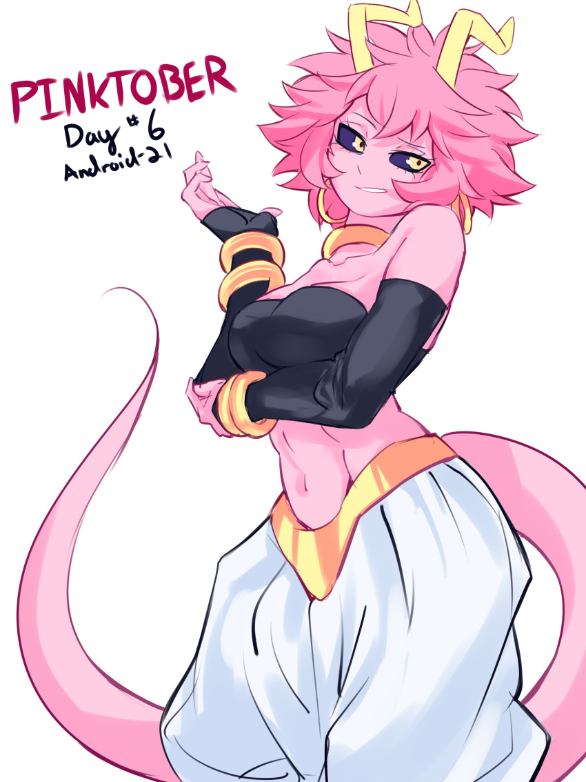 absurdres android_21 ashido_mina black_sclera boku_no_hero_academia bracelet breasts cleavage colored_sclera colored_skin cosplay crop_top dragon_ball dragon_ball_fighterz earrings female hhholic highres hoop_earrings horns jewelry large_breasts looking_at_viewer majin_android_21 majin_android_21_(cosplay) navel pink_hair pink_skin short_hair simple_background smile solo stomach tail yellow_eyes