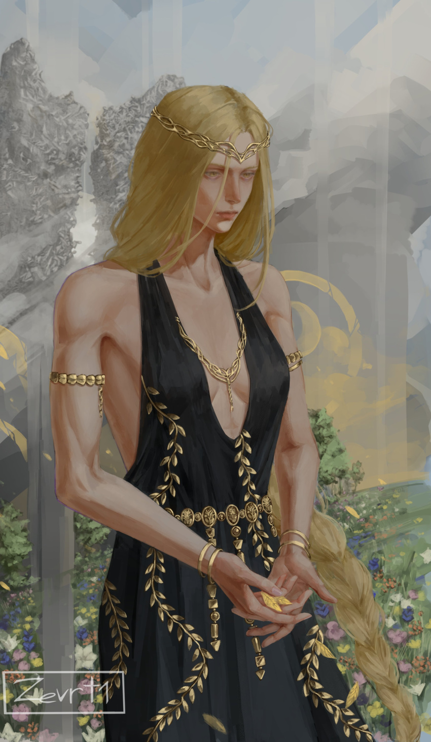 absurdres black_dress blonde_hair braid breasts cleavage dress elden_ring female flower gold_tiara gold_trim highres holding holding_leaf jewelry leaf long_hair queen_marika_the_eternal rural sleeveless sleeveless_dress solo tiara tree zevranstits