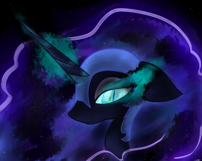 2015 alicorn armor black_background black_body black_fur black_horn blue_helmet blue_mane bust_portrait colored digital_drawing_(artwork) digital_media_(artwork) ears_down equid equine eyelashes female female_feral feral friendship_is_magic fur glowing glowing_eyes half-closed_eyes hasbro headgear helmet horn light lighting long_mane looking_at_viewer magic_user mammal mane my_little_pony mythological_creature mythological_equine mythology narrowed_eyes nightmare_moon_(mlp) pivoted_ears portrait pupils rakkyoarts shaded side_view simple_background slit_pupils solo teal_eyes unicorn_horn wings