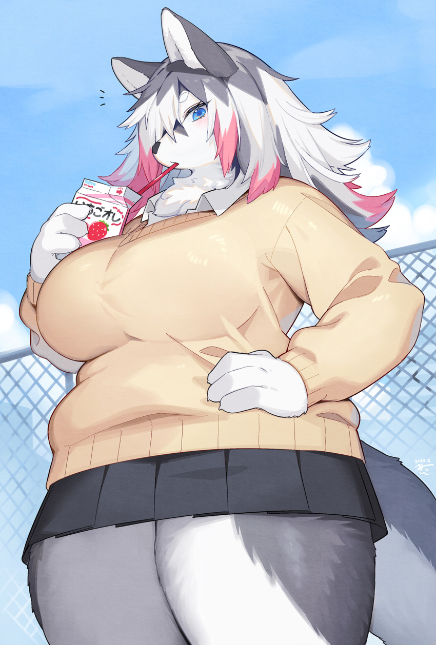 animal_ears animal_nose blue_eyes blue_sky breasts cloud commentary_request day drinking drinking_straw drinking_straw_in_mouth female fence furry furry_female grey_fur grey_hair highres holding_carton kishibe large_breasts looking_at_viewer medium_hair multicolored_hair original outdoors pink_hair plump sky snout solo sweater_vest tail thick_eyebrows thick_thighs thighs two-tone_fur white_fur white_hair yellow_sweater_vest