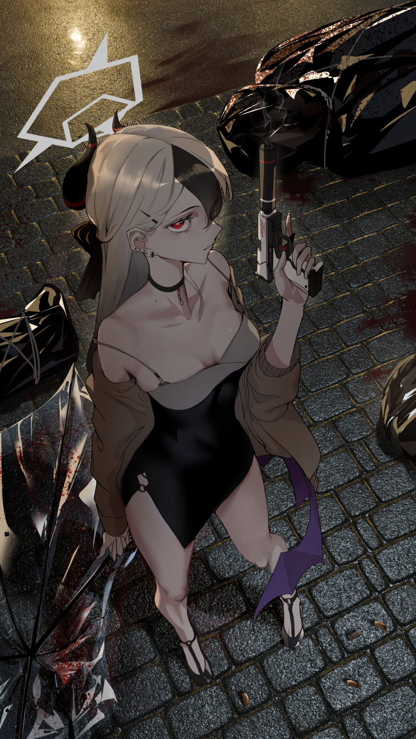 absurdres black_choker black_hair black_horns blood blue_archive body_bag breasts brick_floor choker cleavage closed_mouth demon_horns ear_piercing earclip female floor grey_halo gun h&k_p30 hair_between_eyes halo handgun highres horns implied_murder kayoko_(blue_archive) long_hair long_sleeves looking_up mole mole_on_neck multicolored_hair official_alternate_costume piercing red_eyes saigakobaru single_wing solo suppressor two-tone_hair weapon white_hair wings