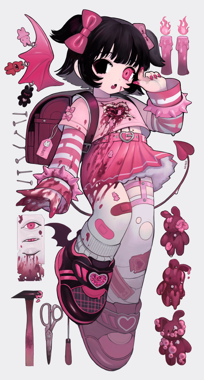 absurdres backpack bag bandaid bandaid_on_leg belt black_eyes black_footwear black_hair blood bow bracelet candle candy_gore charm_(object) commentary crop_top detached_wings female full_body hairbow hammer heart heterochromia highres horror_(theme) jewelry layered_clothes layered_sleeves legwear_garter long_sleeves looking_at_viewer midriff_peek mino_(kirarayakubou) open_mouth original pink_shirt pink_skirt pleated_skirt rabbit randoseru red_eyes ringed_eyes scissors shirt shoes short_hair single_legwear_garter single_thighhigh skirt sneakers solo spiked_bracelet spikes striped_sleeves stuffed_animal stuffed_rabbit stuffed_toy surreal symbol-only_commentary thighhighs torn_clothes torn_thighhighs two_side_up white_thighhighs winged_footwear wings yami_kawaii zettai_ryouiki