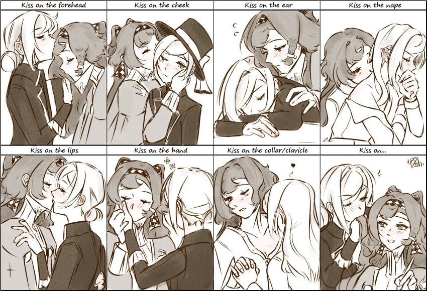 2girls blush braid checkered_hairband coat commentary flying_sweatdrops freckles greyscale hair_bun hat heart high_collar highres holding holding_hands holding_pen interlocked_fingers kiss_chart kissing kissing_forehead kissing_hair kissing_hand kissing_neck kissing_shoulder long_hair monochrome multiple_drawing_challenge multiple_girls murmew off_shoulder one_eye_closed parted_lips pen reverse:1999 side_braid single_side_bun sleeping smile sonetto_(reverse:1999) sparkle symbol-only_commentary top_hat two_side_up vertin_(reverse:1999) yuri