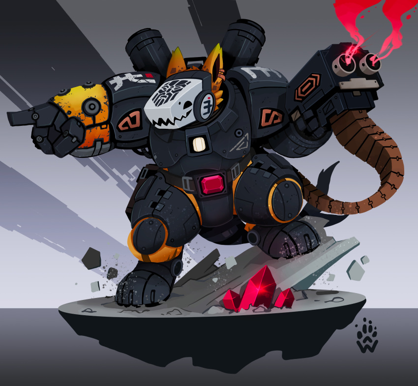 2023 absurd_res ammo_belt anthro armor bolter crystal digitigrade fur gesture gun hand_gesture hi_res holding_gun holding_object holding_ranged_weapon holding_weapon kronus_hegemony leagues_of_votann machine male orange_body orange_fur pointing power_armor protogen ranged_weapon smoke solo standing warhammer_(franchise) warhammer_40000 weapon wolfdawg