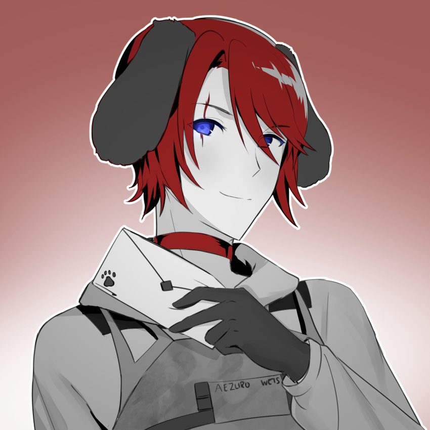 1:1 2021 5_fingers animal_humanoid axy_aezuro bangs black_clothing black_ears black_gloves black_handwear blue_eyes bust_portrait canid canid_humanoid canine canine_humanoid closed_smile clothed clothed_humanoid clothed_male clothing collar colored digital_drawing_(artwork) digital_media_(artwork) dog_humanoid duokhay eye_scar eye_through_hair eyebrow_through_hair eyebrows facial_scar fingers floppy_ears gloves gradient_background grey_clothing grey_hoodie grey_topwear hair handwear hi_res holding_letter hoodie humanoid letter lop_ears male mammal mammal_humanoid mouth_closed not_furry outline portrait red_collar red_hair scar shaded short_hair simple_background smile solo text text_on_clothing topwear translucent translucent_hair white_body white_outline white_skin