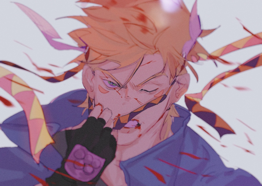 1boy angry arm_up battle_tendency black_gloves blonde_hair blood blood_from_mouth blood_in_hair blue_eyes blue_jacket caesar_anthonio_zeppeli clenched_teeth collared_jacket commentary facial_mark fingerless_gloves gloves headband high_collar highres jacket jojo_no_kimyou_na_bouken male_focus mixed-language_commentary oil54341181 one_eye_closed patterned_clothing pulling_own_clothes short_hair solo teeth upper_body white_background wing_hair_ornament