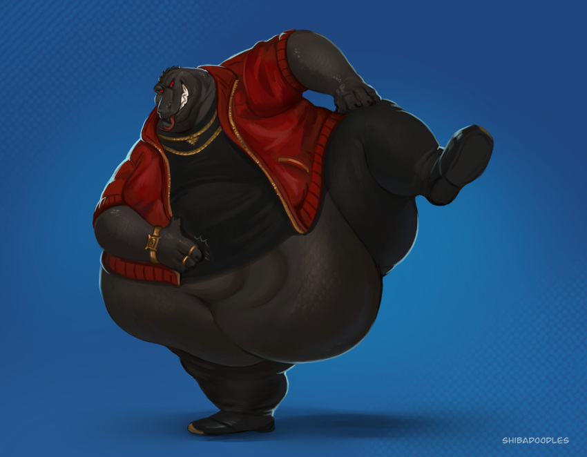 2024 absurd_res anthro belly belly_overhang belly_slap big_belly black_body bottomwear bracelet chains clothed clothing epic_games fat_rolls footwear fortnite gold_(metal) gold_bracelet gold_chain gold_jewelry gold_necklace gold_ring hand_on hi_res huge_belly jacket jewelry komodo_dragon lizard male monitor_lizard moobs navel necklace obese obese_anthro obese_male on_one_leg overweight overweight_anthro overweight_male pants raised_leg red_eyes reptile scalie shibadoodles shirt shoes simple_background slap slapping_own_belly slapping_self solo standing sumo thunder_(fortnite) tongue tongue_out topwear