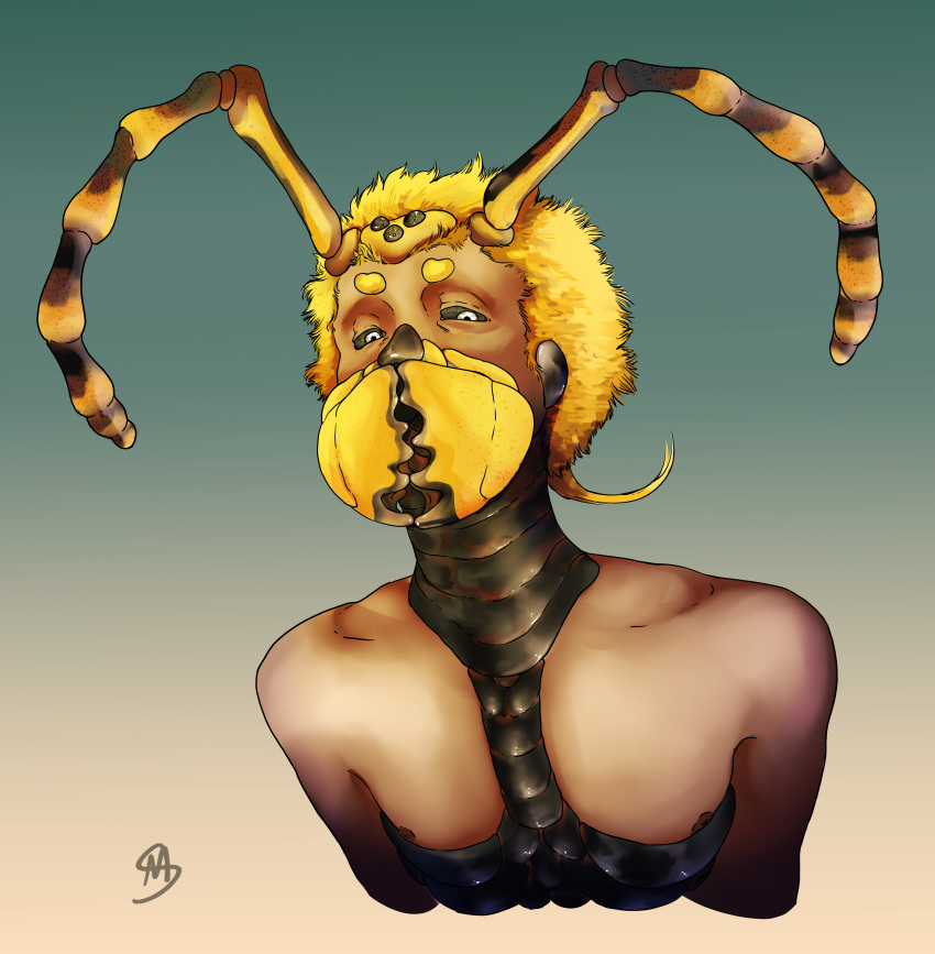 absurd_res airren animal_humanoid antennae_(anatomy) arthropod arthropod_humanoid black_sclera blonde_hair brown_nipples compound_eyes exoskeleton gradient_background hair hi_res hornet humanoid hybrid hymenopteran hymenopteran_humanoid insect_humanoid insects male mandibles nipples short_hair simple_background solo tan_body tan_skin vespid wasp wasp_humanoid white_eyes