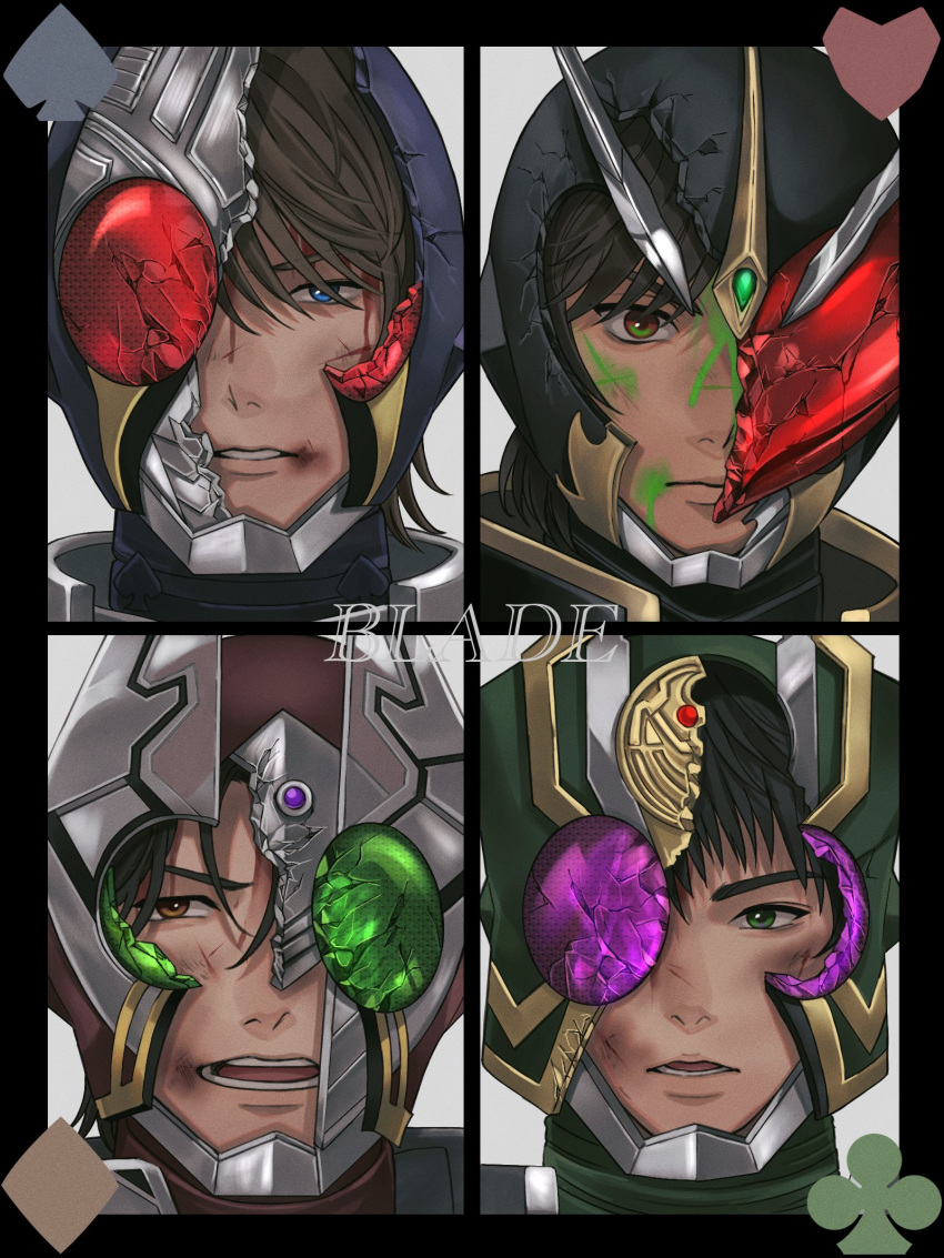 4boys aikawa_hajime antennae armor black_helmet blood blood_on_face blue_eyes blue_helmet broken_armor broken_helmet broken_mask clover compound_eyes cracked_helmet diamond_(shape) english_text forehead_jewel gem green_blood green_eyes green_helmet grey_eyes hair_between_eyes heart helmet highres horns injury jewelry kamen_rider kamen_rider_blade kamen_rider_blade_(series) kamen_rider_chalice kamen_rider_garren kamen_rider_leangle kamijo_mutsuki kenzaki_kazuma mask mechanical_horns medium_hair multiple_boys open_mouth purple_eyes purple_gemstone red_eyes red_gemstone red_helmet red_visor sasakura34 short_hair simple_background spade_(shape) swept_bangs tachibana_sakuya_(kamen_rider_blade) teeth vest white_background