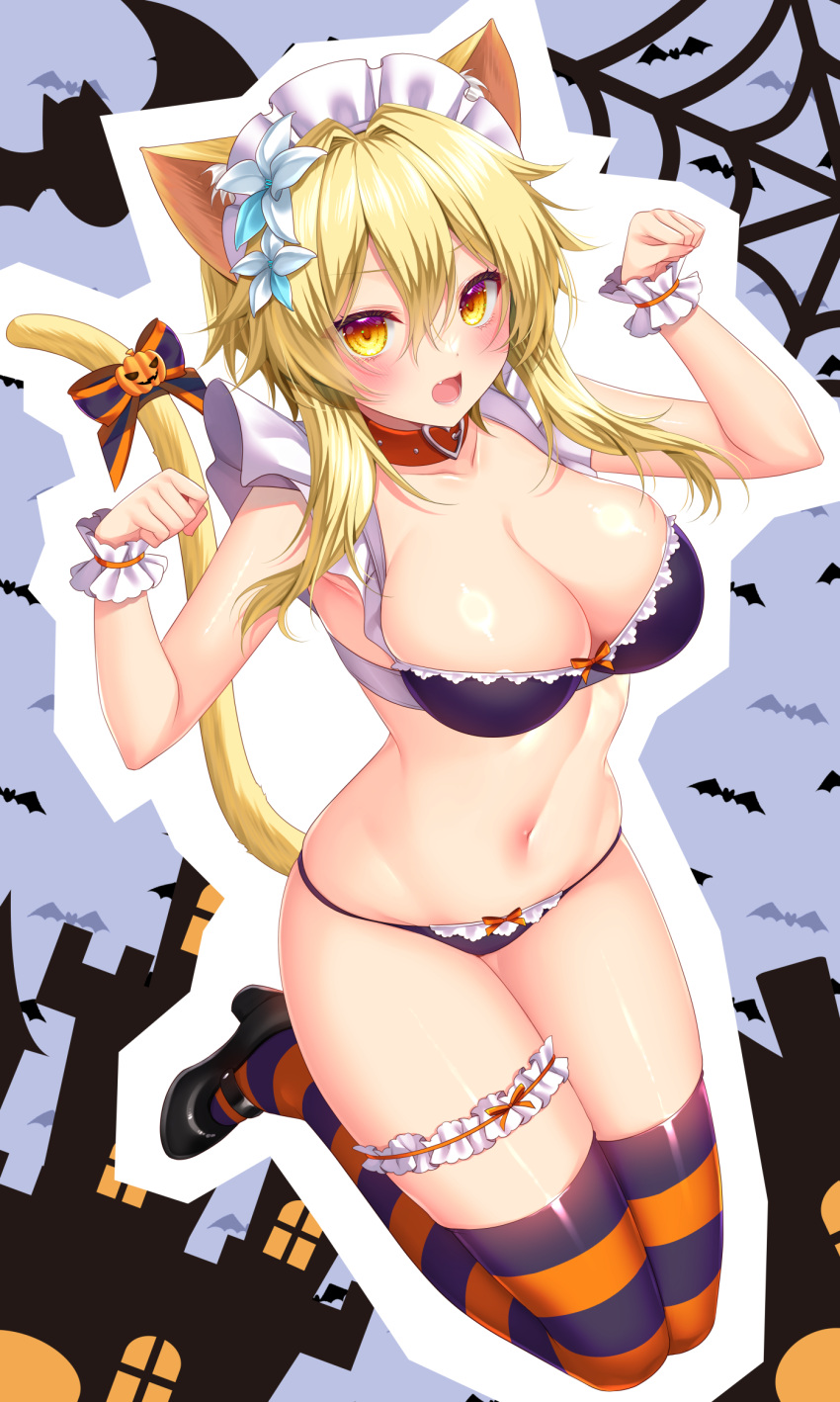 alternate_costume animal_ears bat_(animal) black_bow black_bra black_footwear black_panties black_thighhighs blonde_hair blush bow bra breasts cat_ears cat_tail cleavage collar collarbone commentary_request female flower frilled_hairband frilled_thigh_strap frilled_wrist_cuffs frills genshin_impact hair_between_eyes hair_flower hair_ornament hairband highres kemonomimi_mode large_breasts looking_at_viewer lumine_(genshin_impact) minatsuki_alumi navel open_mouth orange_thighhighs outline panties paw_pose red_collar short_hair_with_long_locks silk solo spider_web stomach tail tail_bow tail_ornament thigh_strap thighhighs two-tone_thighhighs underwear white_flower white_hairband white_outline white_wrist_cuffs wrist_cuffs yellow_eyes