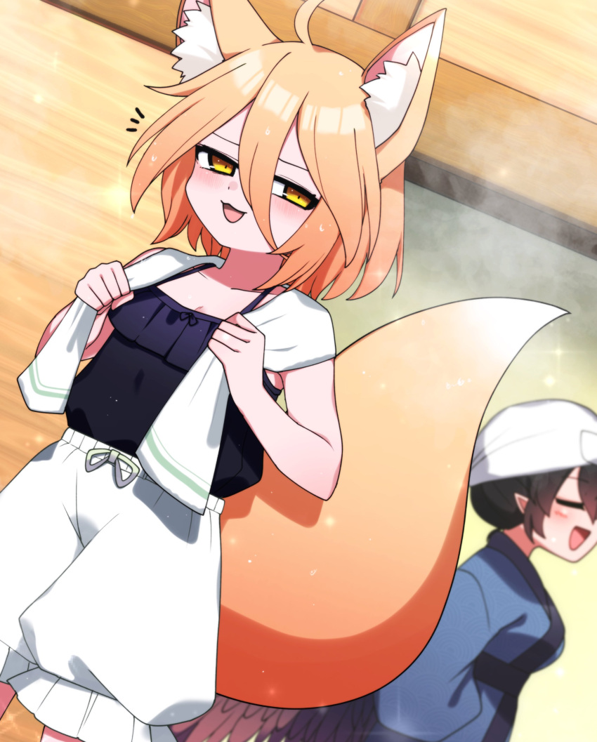 2girls absurdres after_bathing ahoge alternate_costume animal_ears black_camisole black_hair blonde_hair blue_kimono blush breasts camisole cleavage closed_eyes commentary_request dot_nose dutch_angle facing_to_the_side facing_viewer feathered_wings fox_ears fox_tail hair_between_eyes half-closed_eyes headscarf highres holding holding_towel iizunamaru_megumu indoors japanese_clothes kimono kudamaki_tsukasa looking_at_viewer medium_breasts medium_hair multiple_girls naughty_face open_mouth pointy_ears puffy_shorts shorts sideways_glance sparkle steam tail tongue touhou towel towel_around_neck white_shorts wings yellow_eyes you_(noanoamoemoe)