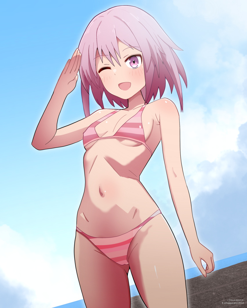 absurdres alice_gear_aegis bikini blue_sky breasts cloud commentary_request cowboy_shot female highres hirasaka_yotsuyu navel one_eye_closed pink_bikini pink_eyes pink_hair sakuraisine salute sky small_breasts smile solo striped_bikini striped_clothes swimsuit