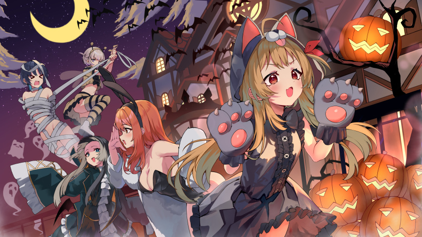 >_< 5girls absurdres ahoge animal_ears animal_hands animal_hood bat_(animal) bee_costume black_dress black_hair blonde_hair blue_eyes blue_hair breasts cleavage crescent_moon dress ghost gloves halloween highres hiodoshi_ao hololive hololive_dev_is hood ichijou_ririka jack-o'-lantern juufuutei_raden moon multiple_girls mummy_costume night oerba_yun_fang orange_eyes orange_hair otonose_kanade paw_gloves playboy_bunny purple_eyes rabbit_ears red_eyes regloss_(hololive) skin_fang sleeves_past_fingers sleeves_past_wrists striped_clothes striped_thighhighs takodachi_(ninomae_ina'nis) thighhighs todoroki_hajime trap_(drthumt) vampire_costume virtual_youtuber werewolf_costume