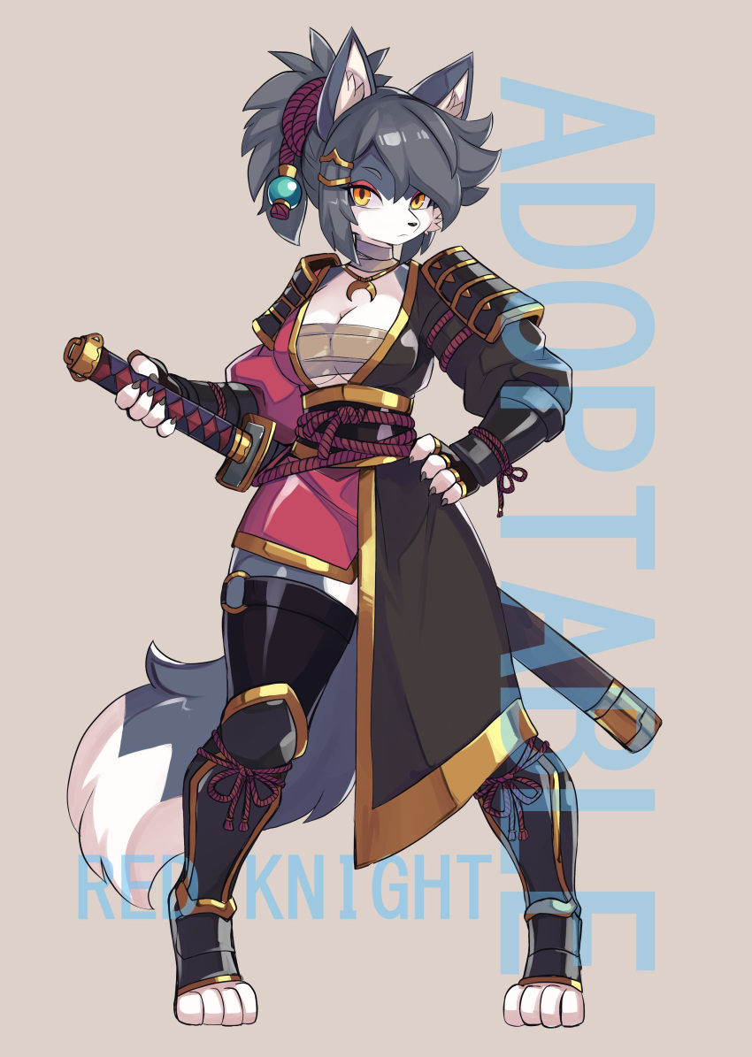 absurdres adoptable animal_ears animal_feet armor artist_name bandaged_chest breasts cleavage clothing_request eyeshadow female full_body furry furry_female grey_hair highres japanese_armor japanese_clothes makeup original ponytail red_knight_(thescarlknight) rope sheath short_hair slit_pupils solo standing sword tachi-e tail watermark weapon wolf_ears wolf_girl wolf_tail yellow_eyes