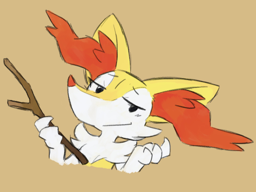 2024 3_fingers ambiguous_gender anthro black_eyes braixen digital_media_(artwork) english_text fingers front_view fur generation_6_pokemon gesture hi_res holding_object inner_ear_fluff looking_at_viewer nintendo pokemon pokemon_(species) sealer4258 shrug simple_background stick text tuft white_body white_fur yellow_body yellow_fur