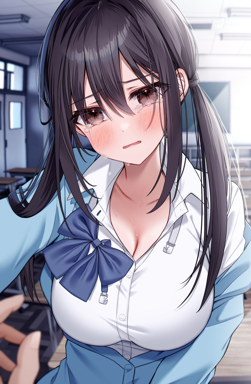 absurdres black_hair blue_bow blue_bowtie blue_cardigan blush bow bowtie breasts brown_eyes cardigan cleavage collarbone collared_shirt commentary_request crying crying_with_eyes_open dress_shirt female hair_between_eyes highres indoors kuro_namako large_breasts long_hair looking_at_viewer original parted_lips partially_unbuttoned pov revision school_uniform shirt sidelocks single_off_shoulder solo_focus tears teeth twintails undone_bowtie upper_body white_shirt