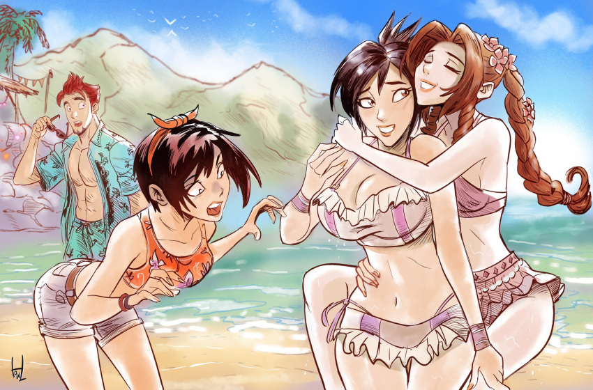 1boy 3girls aerith_gainsborough aerith_gainsborough_(pink_mermaid) aqua_male_swimwear aqua_shirt aqua_shorts bare_shoulders beach bikini bikini_skirt black_hair blush braid braided_ponytail breasts brown_hair cleavage closed_eyes cowboy_shot facial_hair final_fantasy final_fantasy_vii final_fantasy_vii_rebirth final_fantasy_vii_remake flower grey_bikini grey_shorts hair_flower hair_ornament hairband hawaiian_shirt highres holding holding_removed_eyewear howlart997 hug hug_from_behind johnny_(ff7) large_breasts leaning_forward male_swimwear medium_breasts microskirt midriff mountain multiple_girls navel ocean official_alternate_costume open_mouth orange_hairband orange_shirt palm_tree parted_bangs pectorals pink_bikini pink_flower red_eyes red_hair shirt short_hair shorts sideboob sidelocks signature single_braid skirt smile swimsuit tifa_lockhart tifa_lockhart_(shining_spirit) tree unworn_eyewear updo wide-eyed yuffie_kisaragi yuffie_kisaragi_(summer_orange)