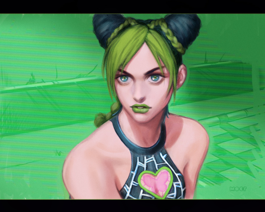 animal_print artist_name baie_moeg bare_shoulders blue_eyes braid braided_ponytail brooch bun_with_braided_base butterfly_print double_bun english_commentary female green_background green_hair green_lips hair_bun heart heart_brooch jewelry jojo_no_kimyou_na_bouken kujo_jolyne letterboxed meme multicolored_hair parted_lips sailor_moon_redraw_challenge_(meme) solo spider_web_print stone_ocean two-tone_hair