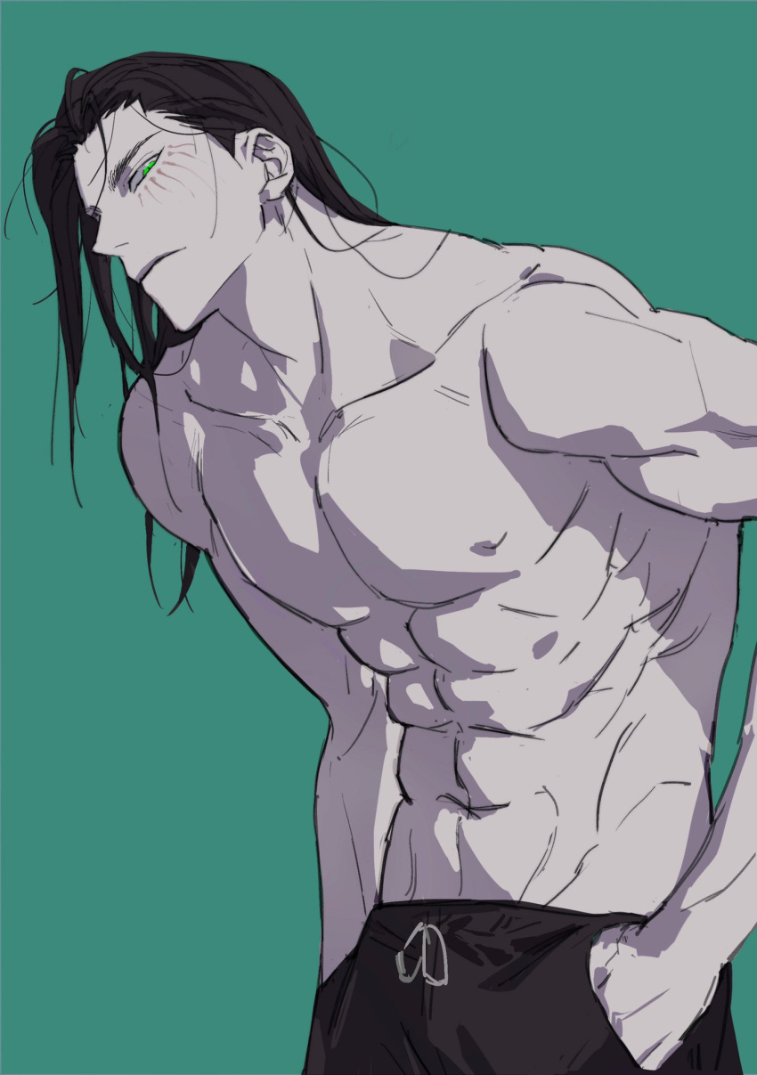 11114tai 1boy abs aqua_eyes blue_background closed_mouth collarbone cowboy_shot drawsting eren_yeager facial_mark frown greyscale_with_colored_background groin hands_in_pockets highres long_hair looking_at_viewer male_focus muscular muscular_male nipples pectorals scar shingeki_no_kyojin shorts simple_background solo spot_color titan_shifter_scars topless_male