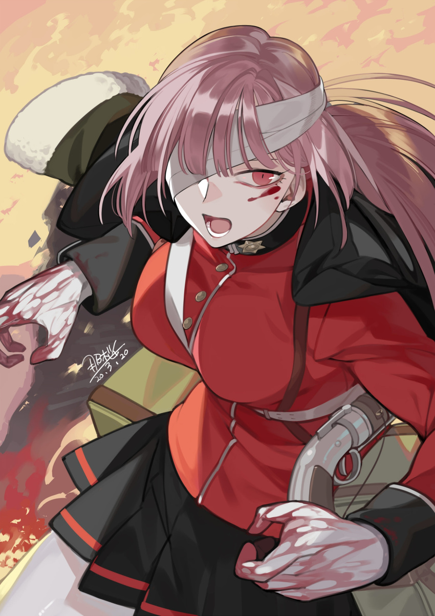 absurdres bandage_over_one_eye belt blood blood_on_face blood_on_hands coat coat_on_shoulders dated fate/grand_order fate_(series) female fire florence_nightingale_(fate) florence_nightingale_(third_ascension)_(fate) gloves gun handgun highres long_hair nao_(syn_eaa) open_mouth pepperbox_revolver pink_eyes pink_hair pleated_skirt signature skirt weapon white_gloves