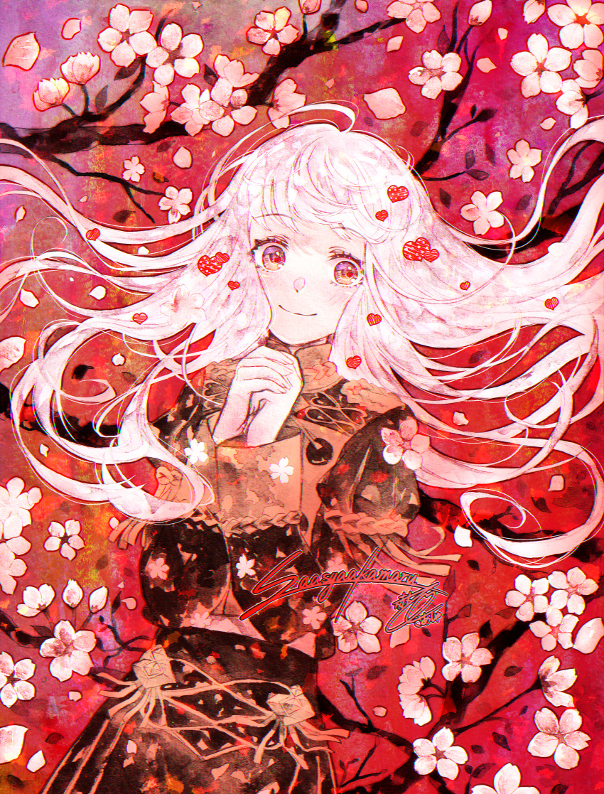 absurdres akamaru_saasha artist_name blush branch commentary female fire_emblem fire_emblem:_three_houses flower garreg_mach_monastery_uniform heart heart_in_eye highres long_hair long_sleeves looking_at_viewer lysithea_von_ordelia own_hands_clasped own_hands_together petals pink_eyes pink_flower smile solo symbol-only_commentary symbol_in_eye uniform white_hair