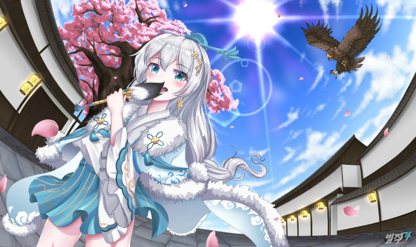 architecture bird blue_eyes blue_sky byeoljagga cherry_blossoms chinese_clothes cloud cloudy_sky commission day earrings east_asian_architecture female hair_between_eyes hair_ornament hand_fan hawk highres holding holding_fan honkai_(series) honkai_impact_3rd jewelry korean_commentary lantern looking_at_viewer open_mouth outdoors petals sky solo sun teeth theresa_apocalypse tree white_hair zhuge_kongming_(honkai_impact)