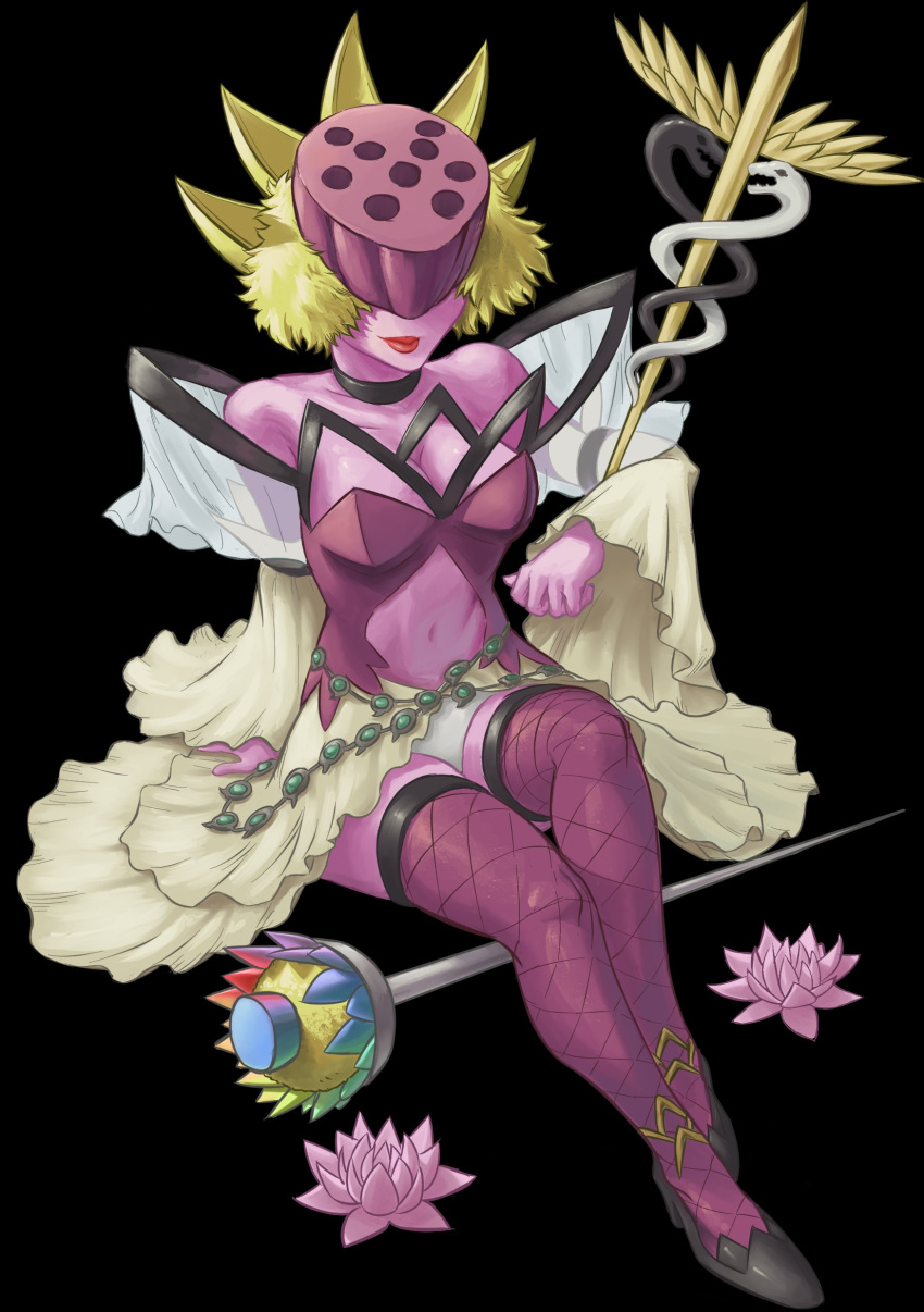 absurdres black_footwear blonde_hair clothing_cutout colored_skin covered_eyes digimon digimon_(creature) female fishnet_thighhighs fishnets flower helmet helmet_over_eyes high_heels highres lotus lotusmon mauniksart navel_cutout pink_flower pink_skin short_hair simple_background solo staff thighhighs