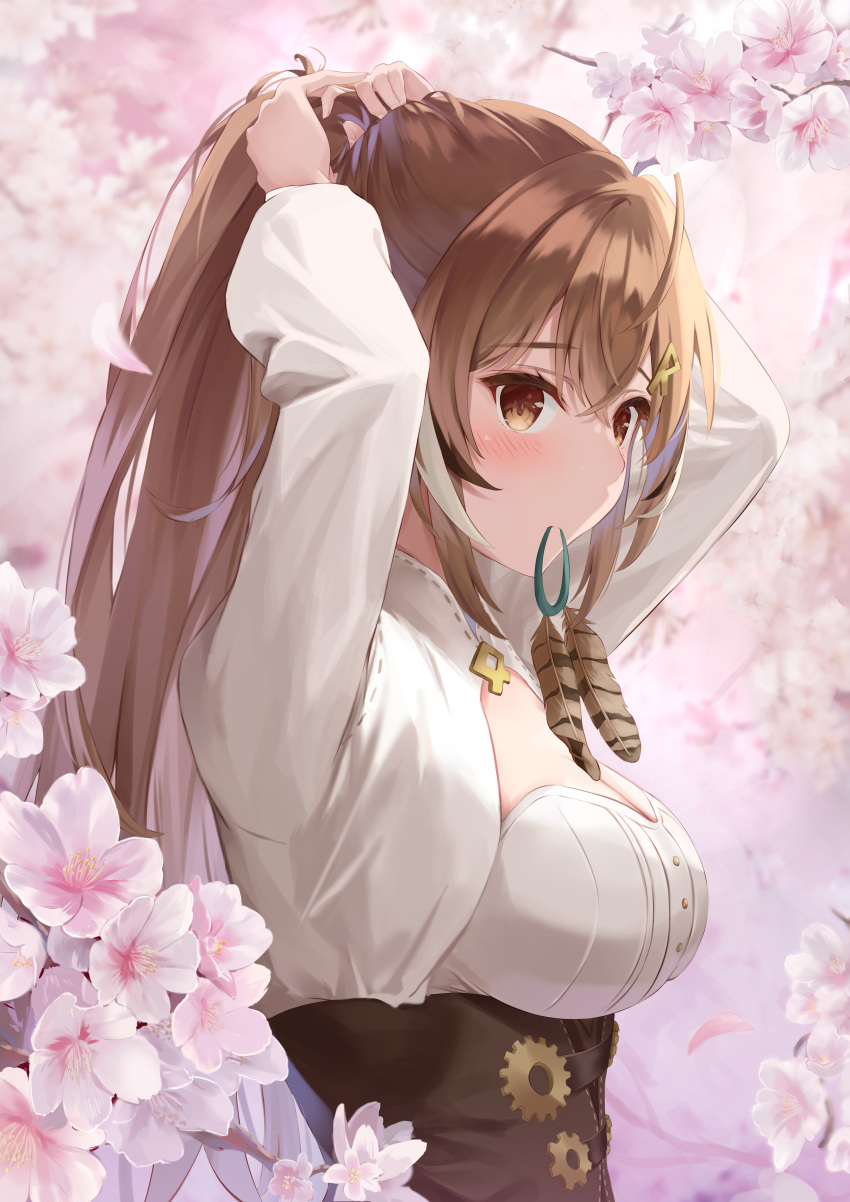 absurdres ahoge arms_up breasts brown_eyes brown_hair cherry_blossoms cleavage commentary feathers female finale from_side gears highres hololive hololive_english long_sleeves looking_at_viewer medium_breasts nanashi_mumei ponytail runes sidelocks sideways_glance solo tying_hair upper_body virtual_youtuber