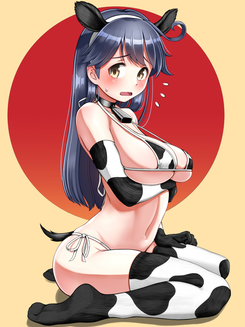 absurdres alternate_costume animal_costume animal_ears animal_print arm_under_breasts bare_shoulders bikini black_hair blush breasts brown_eyes chinese_zodiac collar commentary_request cow_ears cow_print cow_print_bikini elbow_gloves fake_animal_ears fake_tail female flying_sweatdrops gloves highres kantai_collection large_breasts long_hair looking_at_viewer micro_bikini navel new_year open_mouth print_bikini side-tie_bikini_bottom sitting skindentation soles solo swimsuit tail thighhighs tussy ushio_(kancolle)