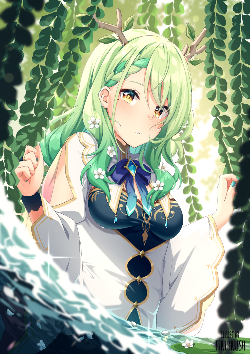 antlers blush braid braided_bangs breasts ceres_fauna ceres_fauna_(1st_costume) female green_hair highres hololive hololive_english horns leaf looking_at_viewer medium_breasts medium_hair nature open_clothes single_braid solo tiri virtual_youtuber water wavy_hair yellow_eyes