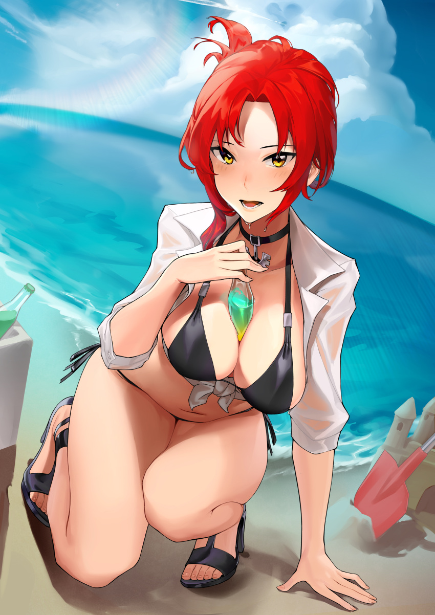 absurdres bad_id bad_pixiv_id beach between_breasts bikini black_choker blue_sky bottle breasts choker cloud day feet female full_body hand_on_ground highres honkai_(series) honkai_impact_3rd jliaan kneeling large_breasts looking_at_viewer murata_himeko navel ocean open_mouth outdoors planted planted_shovel red_hair sand sand_castle sand_sculpture sandals shovel sky solo stomach strappy_heels swimsuit thighs toes yellow_eyes