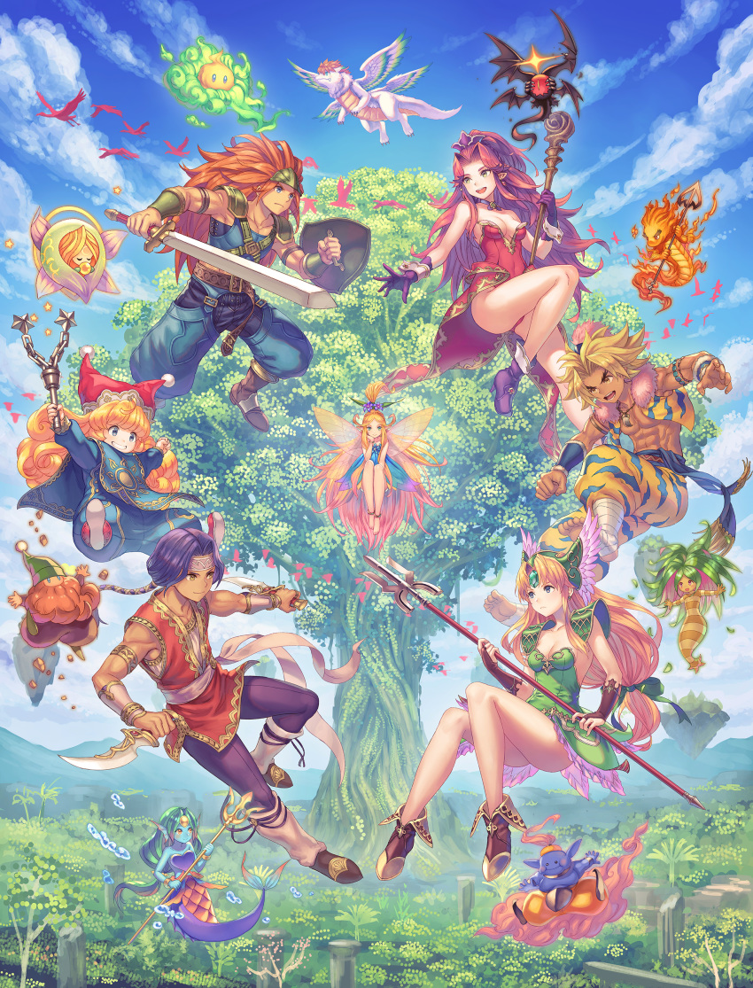 3boys 3girls :d abs absurdres ahoge anbe_yoshirou angela_(seiken_densetsu_3) armor bare_shoulders barefoot biceps bird blonde_hair blue_dress blue_eyes blue_sky boots bracer breasts bridal_gauntlets brown_eyes brown_footwear brown_gloves brown_hair charlotte_(seiken_densetsu_3) choker cleavage clenched_hand cloud collarbone commentary_request curly_hair dagger dark-skinned_male dark_skin dragon dress dryad_(seiken_densetsu) dual_wielding duran_(seiken_densetsu_3) earrings everyone faerie_(seiken_densetsu_3) fairy fairy_wings fingerless_gloves flail flammie frown gloves gnome_(seiken_densetsu) green_dress hat hawkeye_(seiken_densetsu_3) head_rest high_heels highres holding jewelry jinn_(seiken_densetsu) kevin_(seiken_densetsu_3) knife leotard long_hair looking_at_viewer low-tied_long_hair luna_(seiken_densetsu) mana_tree medium_breasts mermaid midair monster_girl multiple_boys multiple_girls muscular open_clothes open_mouth open_vest outdoors pauldrons pointy_ears polearm purple_choker purple_footwear purple_gloves purple_hair red_leotard riesz salamander_(seiken_densetsu) seiken_densetsu seiken_densetsu_3 shade_(seiken_densetsu) shield shoulder_armor sky smile spear staff sword tree undine_(seiken_densetsu) very_long_hair vest waist_cape wavy_hair weapon will-o'-wisp_(seiken_densetsu) wings