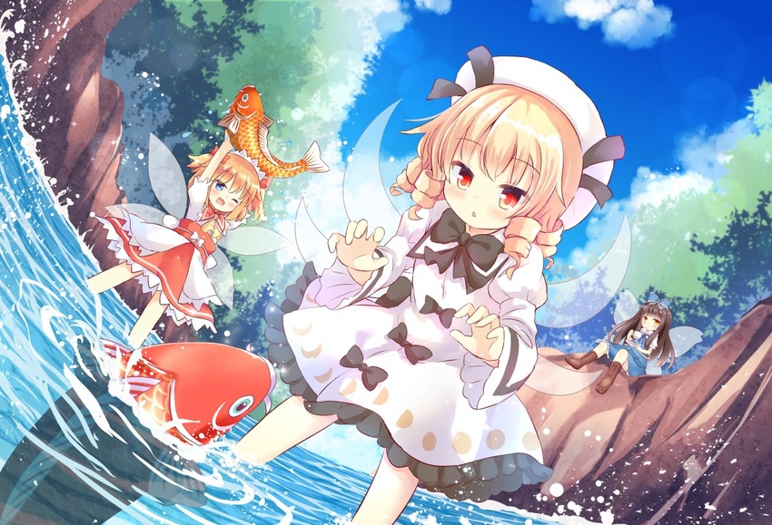 3girls ;d arms_up bad_id bad_twitter_id black_bow blonde_hair blue_bow blue_dress blue_eyes blue_sky boots bow brown_footwear brown_hair cloud cup day dress drill_hair fairy_wings fish hairbow hat holding inactive_account koi legs_apart long_hair luna_child multiple_girls nature one_eye_closed open_mouth orange_hair outdoors red_skirt sitting skirt sky smile splashing standing star_sapphire summer sunny_milk teacup touhou umi_suzume wading water white_dress white_headwear wide_sleeves wings yellow_eyes