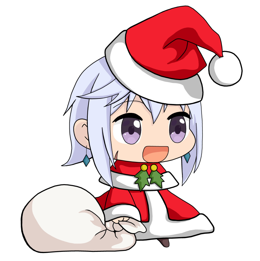 absurdres chibi chris_(konosuba) dage_the_evil earrings female gimp_(medium) hat highres holding holding_sack jewelry kono_subarashii_sekai_ni_shukufuku_wo! meme open_mouth padoru_(meme) sack santa_costume santa_hat scar short_hair solo transparent_background white_hair