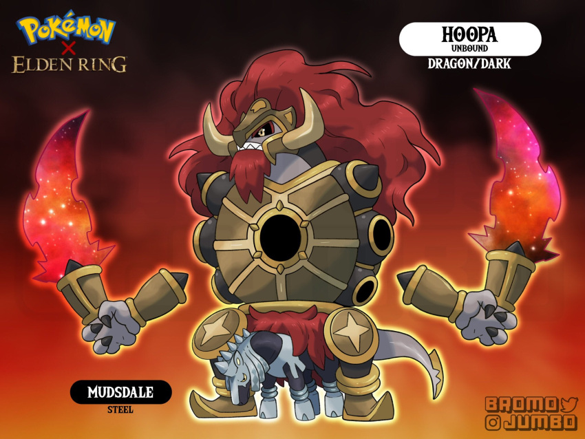 artist_name black_sclera bromojumbo character_name colored_sclera commentary copyright_name crossover elden_ring english_commentary highres holding holding_weapon hoopa hoopa_(unbound) horse leonard_(elden_ring) long_hair mudsdale no_humans pokemon pokemon_(creature) red_background starscourge_radahn teeth weapon yellow_eyes