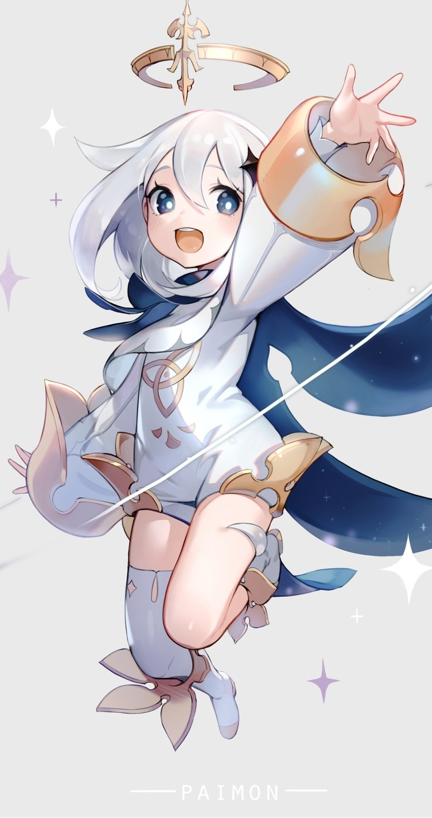 asymmetrical_legwear blue_eyes blush cape dress eyelashes female genshin_impact hair_between_eyes halo hansum highres looking_at_viewer open_mouth paimon_(genshin_impact) romper scarf short_hair sparkle star_(symbol) uneven_legwear white_dress white_hair white_romper