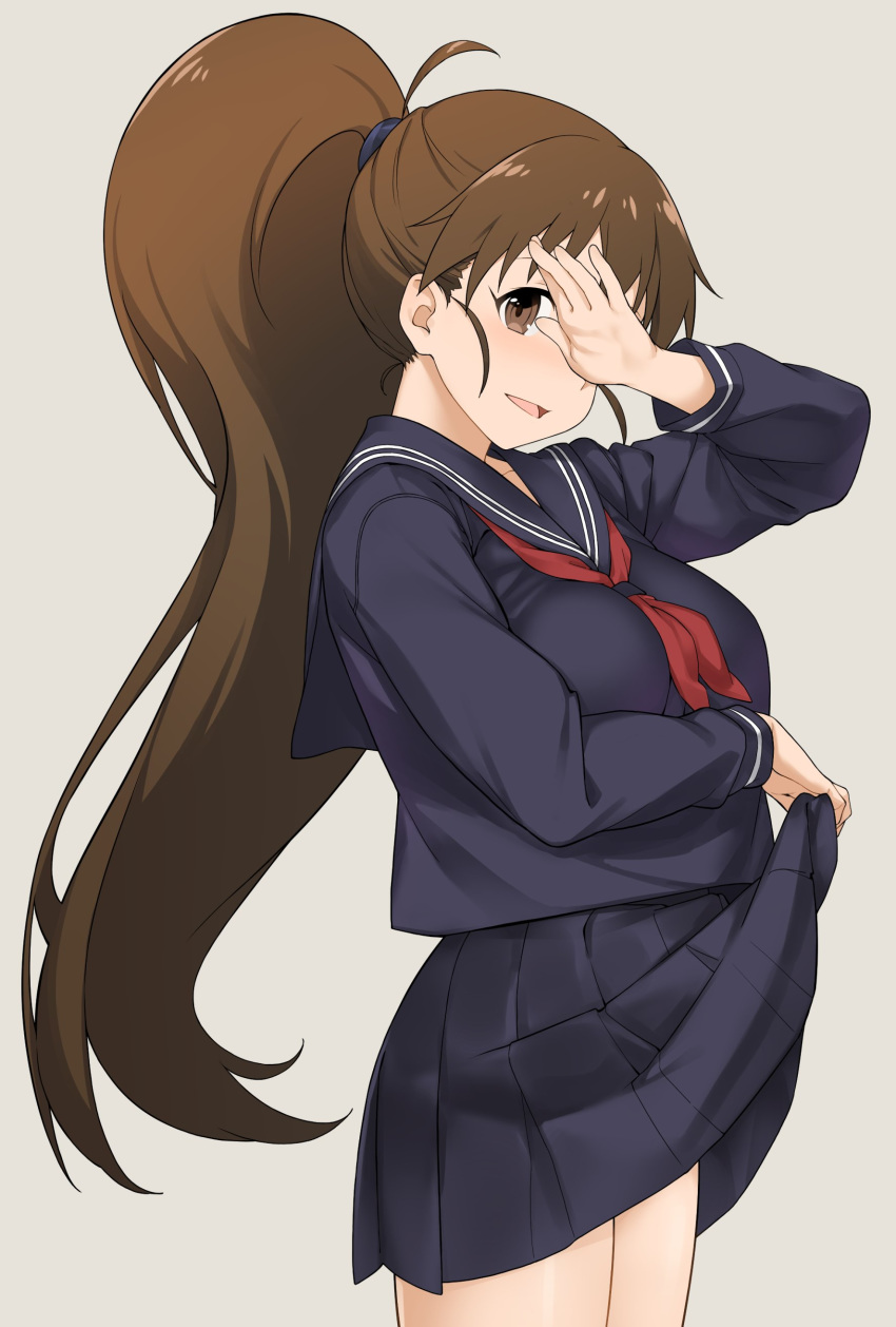 absurdres blue_serafuku blue_shirt blue_skirt breasts brown_eyes brown_hair clothes_lift commentary_request covering_own_eyes cowboy_shot female grey_background hatakenaka_(kamagabuchi) highres large_breasts lifting_own_clothes long_hair long_sleeves looking_at_viewer neckerchief ponytail red_neckerchief school_uniform serafuku shirt simple_background skirt skirt_lift solo taneshima_popura working!!