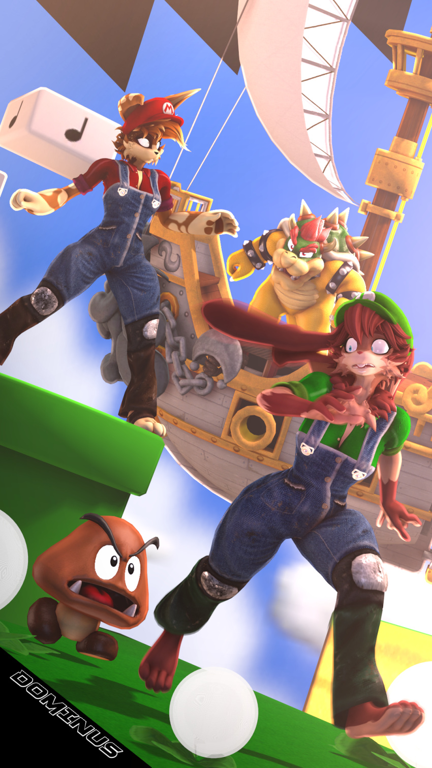 3d_(artwork) 4_toes 9:16 anthro barefoot being_watched blue_eyes bowser bracelet brown_body brown_fur brown_hair buckteeth clothing cosplay countershade_feet countershading digital_media_(artwork) domibun feet female fur goomba green_clothing green_hat green_headwear group hair hat headgear headwear hi_res holly_zanzibar jewelry lagomorph lepi leporid long_ears looking_at_another lop_(star_wars_visions) luigi mammal mario mario_bros nintendo overalls plant plantigrade rabbit red_clothing red_eyes red_hair red_hat red_headwear running scales scared ship soles source_filmmaker_(artwork) spiked_bracelet spikes spikes_(anatomy) star_wars star_wars_visions teeth toes vehicle warfare_holly warfare_lop warfare_machine watercraft yellow_body yellow_scales