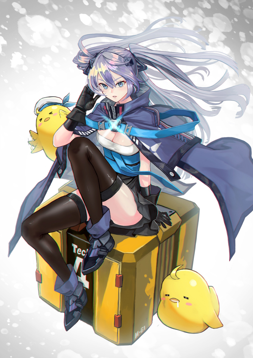 >_< =_= afterimage ahoge arm_support artist_name azur_lane beret bird black_dress black_gloves black_thighhighs blue_cloak blue_eyes boots breasts chick cleavage cloak commentary dress drooling female flapping floating_hair full_body gloves glowing grey_hair hair_between_eyes hair_ornament hand_up hat highres intrepid_(azur_lane) knee_up large_breasts long_hair looking_at_viewer manjuu_(azur_lane) mole mole_on_breast neko61 parted_lips photoshop_(medium) rudder_footwear sidelocks sitting sleeping solo_focus strap tech_box_(azur_lane) thighhighs twintails underbust very_long_hair white_background white_headwear zettai_ryouiki