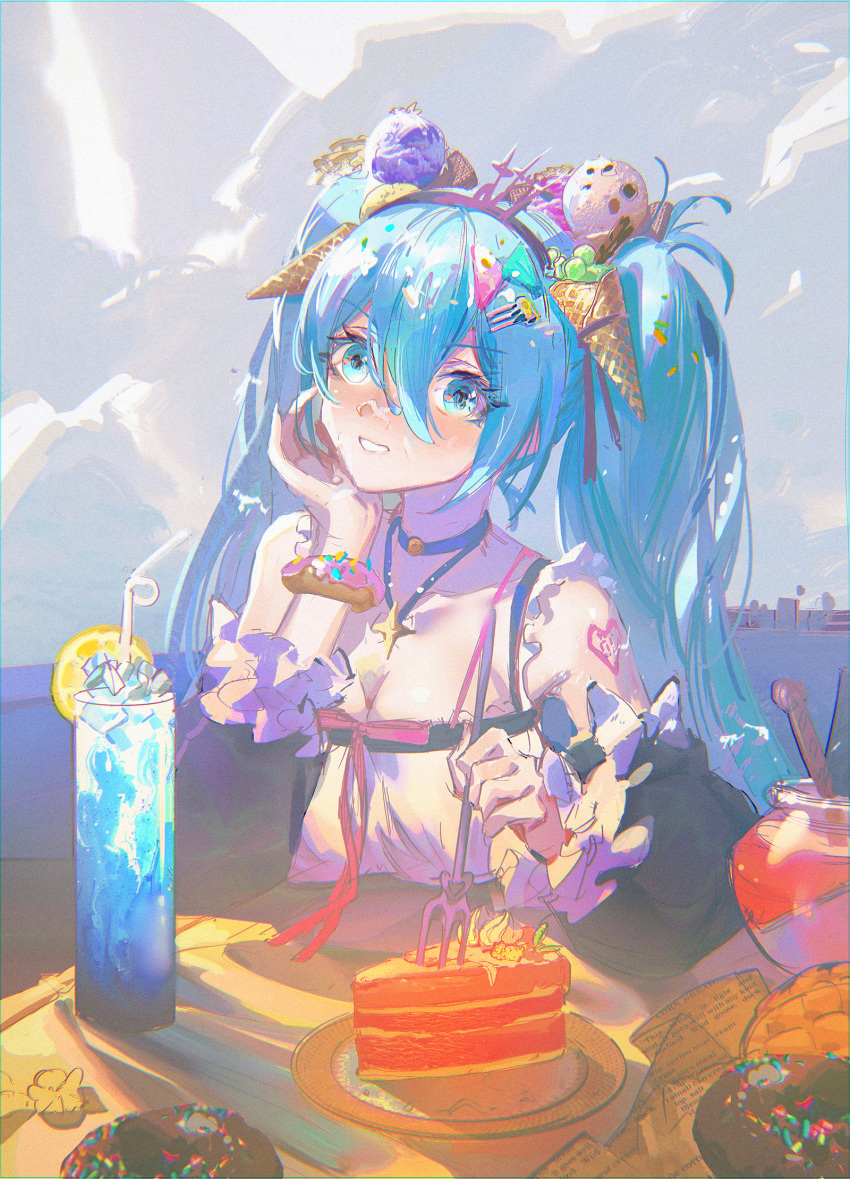 aqua_eyes aqua_hair bad_id bad_pixiv_id breasts cake cake_slice candy candy_hair_ornament chinese_commentary commentary detached_sleeves doughnut female food food-themed_hair_ornament fruit hair_between_eyes hair_ornament happy hatsune_miku highres ice_cream_cone ice_cream_scoop lemon lemon_slice long_hair medium_breasts solo sweets twintails very_long_hair vocaloid waffle_cone ying_yi