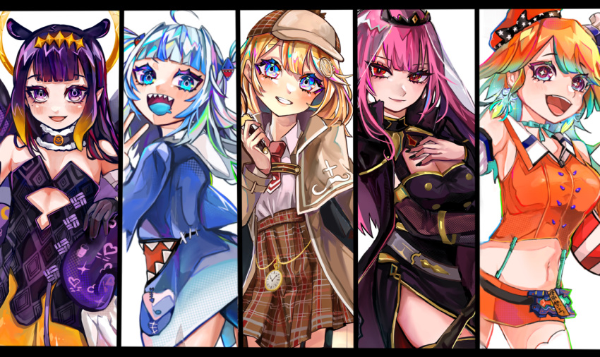 5girls ahoge arm_under_breasts belt black_gloves blonde_hair blue_eyes blue_hair blue_tongue blunt_bangs blush breasts cape capelet chef_hat cleavage cleavage_cutout clothing_cutout collared_shirt colored_tongue column_lineup deerstalker detached_sleeves earrings feather_earrings feathers fins fish_tail flat_chest from_behind gawr_gura gawr_gura_(1st_costume) gloves gradient_hair green_hair grey_hair hair_ornament halo hand_on_own_chest hat high-waist_skirt holding holding_magnifying_glass hololive hololive_english holomyth jewelry leaning_forward light_smile looking_at_viewer looking_to_the_side low_wings magnifying_glass mamiya_miya medium_breasts medium_hair midriff miniskirt mole mole_under_eye monogram mori_calliope mori_calliope_(1st_costume) multicolored_hair multiple_girls navel necktie ninomae_ina'nis ninomae_ina'nis_(1st_costume) open_mouth orange_hair orange_hat orange_skirt pink_hair plaid plaid_skirt pocket_watch pointy_ears purple_eyes purple_hair red_eyes red_necktie shark_tail sharp_teeth shirt short_necktie single_detached_sleeve skirt sparkling_eyes straight-on streaked_hair tail takanashi_kiara takanashi_kiara_(1st_costume) teeth tentacle tentacle_hair thighhighs tiara tsurime two_side_up v v-shaped_eyebrows veil virtual_youtuber watch watson_amelia watson_amelia_(1st_costume) white_headwear wings