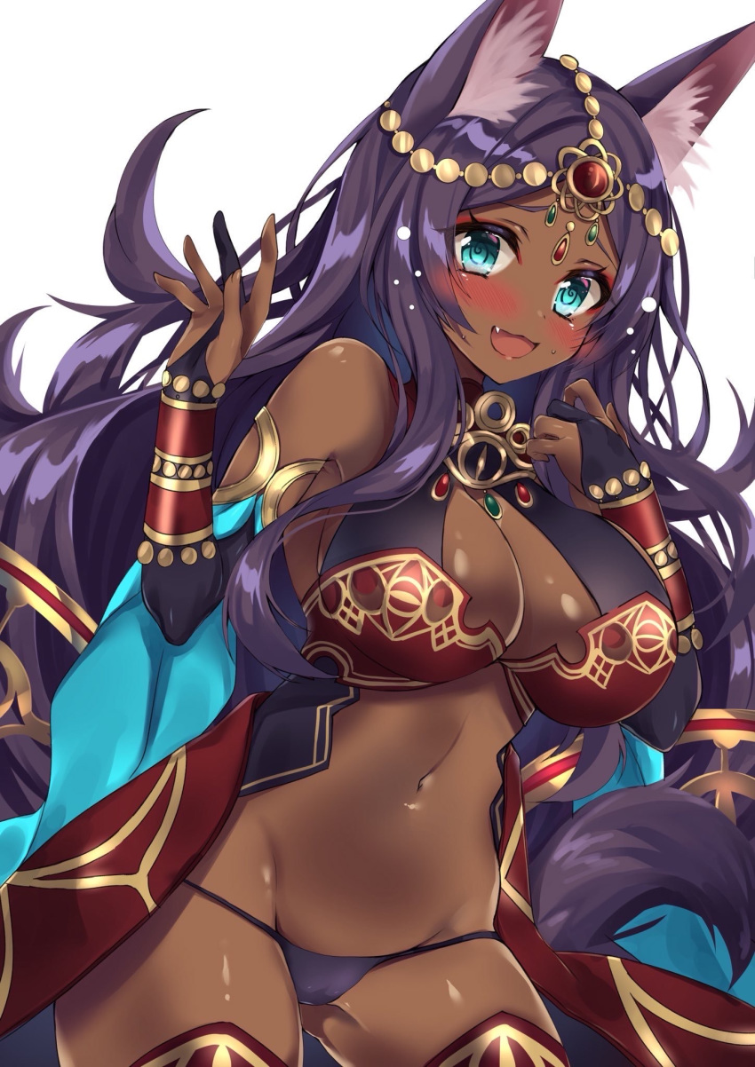 animal_ear_fluff animal_ears aqua_eyes bad_id bad_pixiv_id black_panties blush breasts cleavage dark-skinned_female dark_skin fate/grand_order fate_(series) female hands_up head_chain highres honoka_chiffon jewelry large_breasts long_hair looking_at_viewer navel oerba_yun_fang open_mouth panties purple_hair queen_of_sheba_(fate) simple_background smile solo tail underwear white_background